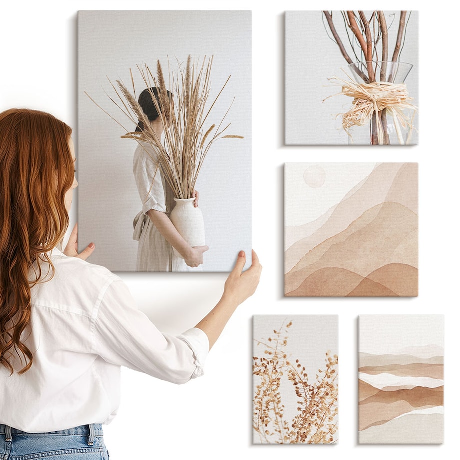 Zestaw 5 obrazów na płótnie - Stylowe boho rośliny krajobrazy - beżowy