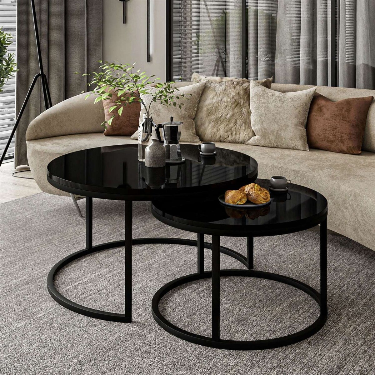 Okrągły stolik kawowy CIRI 2w1 czarny połysk 80/60 cm