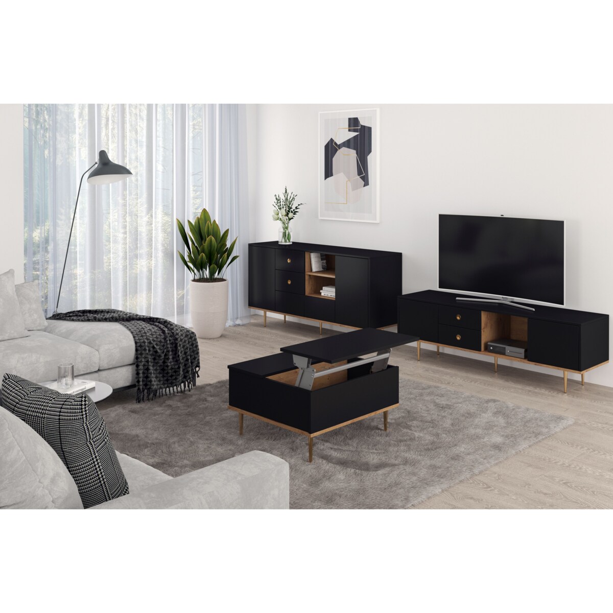 Czarny nowoczesny stolik kawowy Skandica HARMONI z otwieranym blatem