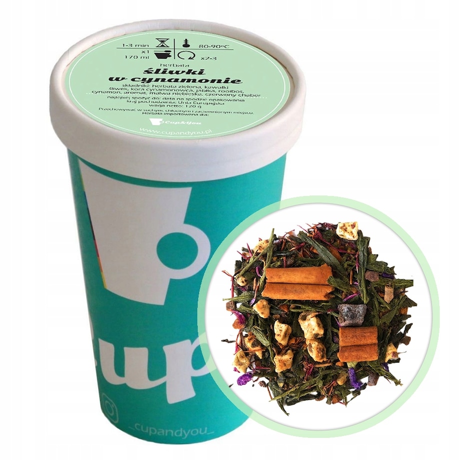 Herbata zielona ŚLIWKI W CYNAMONIE jabłka śliwki cynamon chaber malwa 120g - herbata liściasta sypana mieszanka napar susz