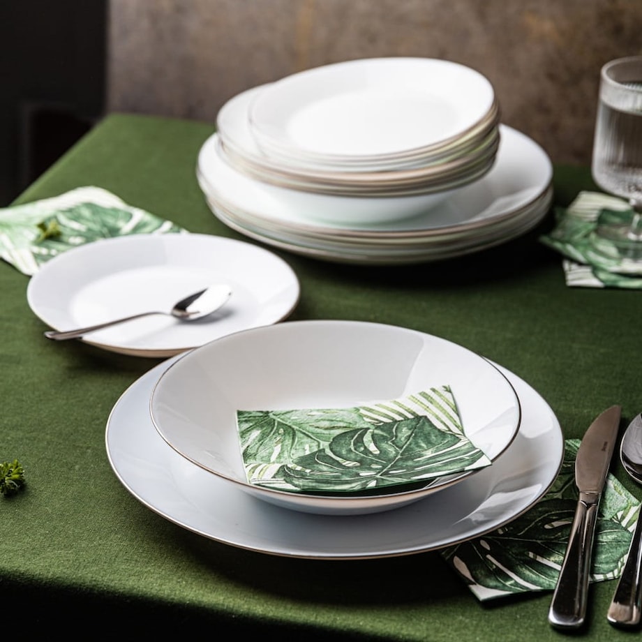 Zastawa stołowa Serwis Komplet talerzy 18 elementów na 6 osób srebrny rant KINGHOFF