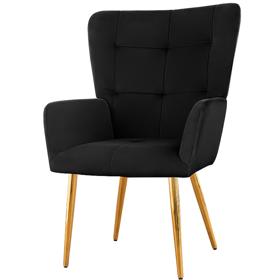 Fotel uszak do salonu wypoczynkowy welurowy tapicerowany czarny złote nogi