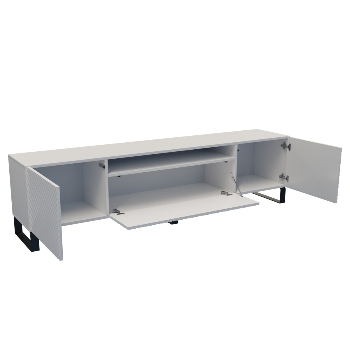 Szafka RTV NIKOL 200cm na metalowych nogach, frezowane fronty-biała