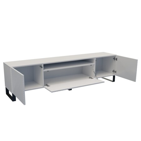 Szafka RTV NIKOL 200cm na metalowych nogach, frezowane fronty-biała