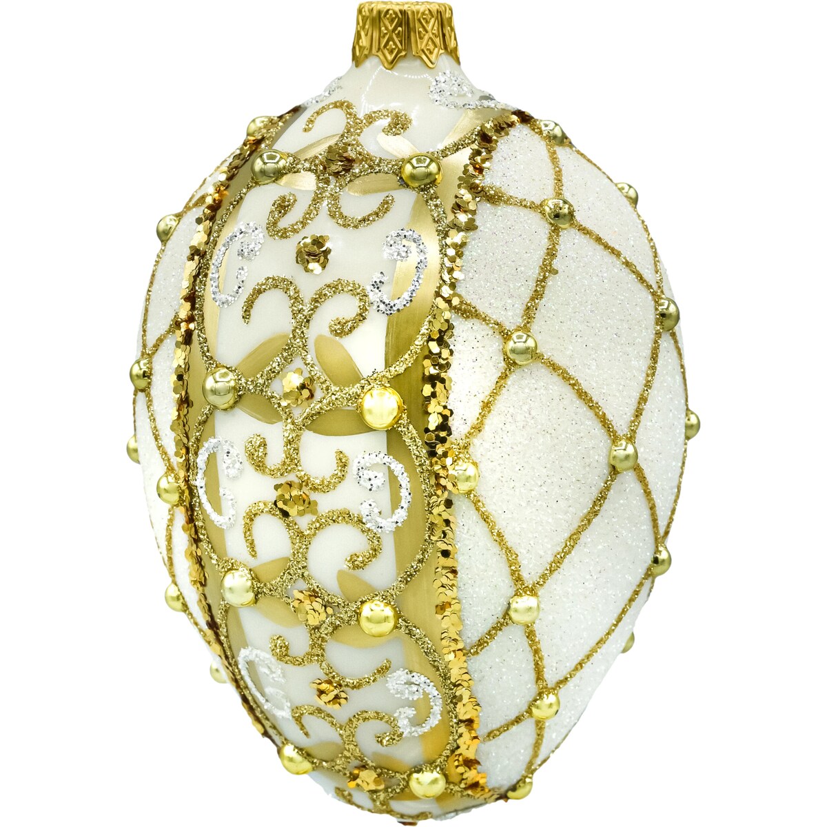 Bombka choinkowa: Jajo ze złotym ornamentem: białe