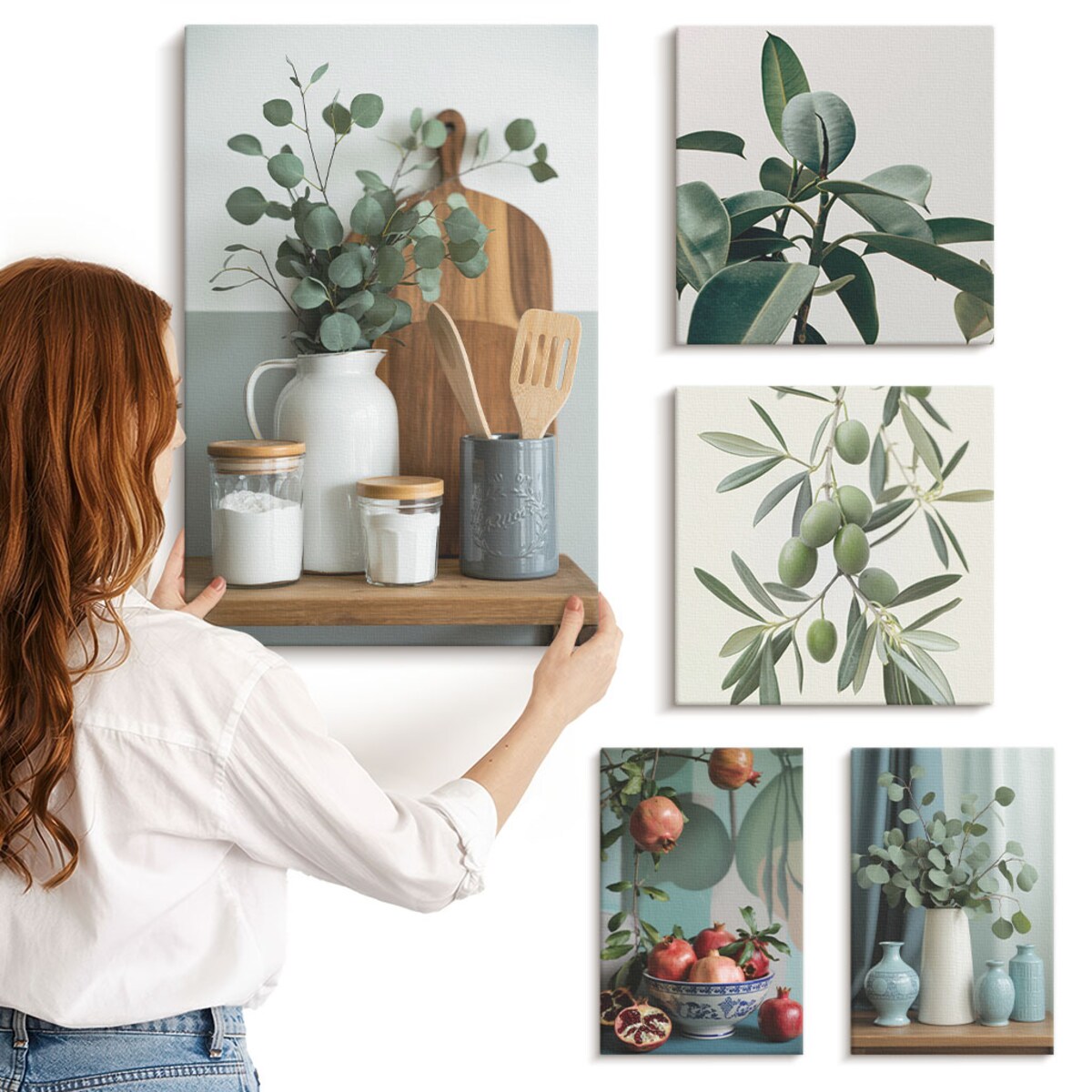 Zestaw 5 obrazów na płótnie - Naturalne skandynawskie rośliny w stylu prowansalskim - zielony