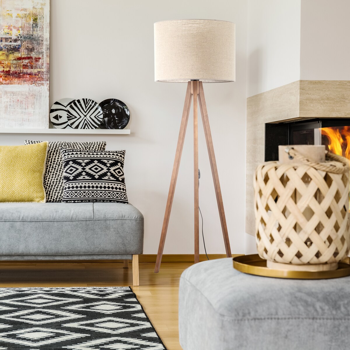 Lampa podłogowa GRAND ORZECH TK Lighting 145 cm drewniana z beżowym abażurem E27 do salonu