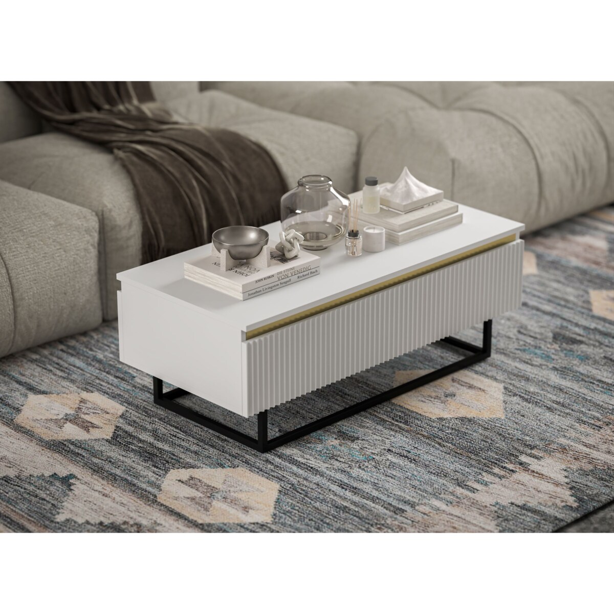 Stolik kawowy Glamour prostokątny elegancka ława Biały Mat Czarna Rama 109 cm