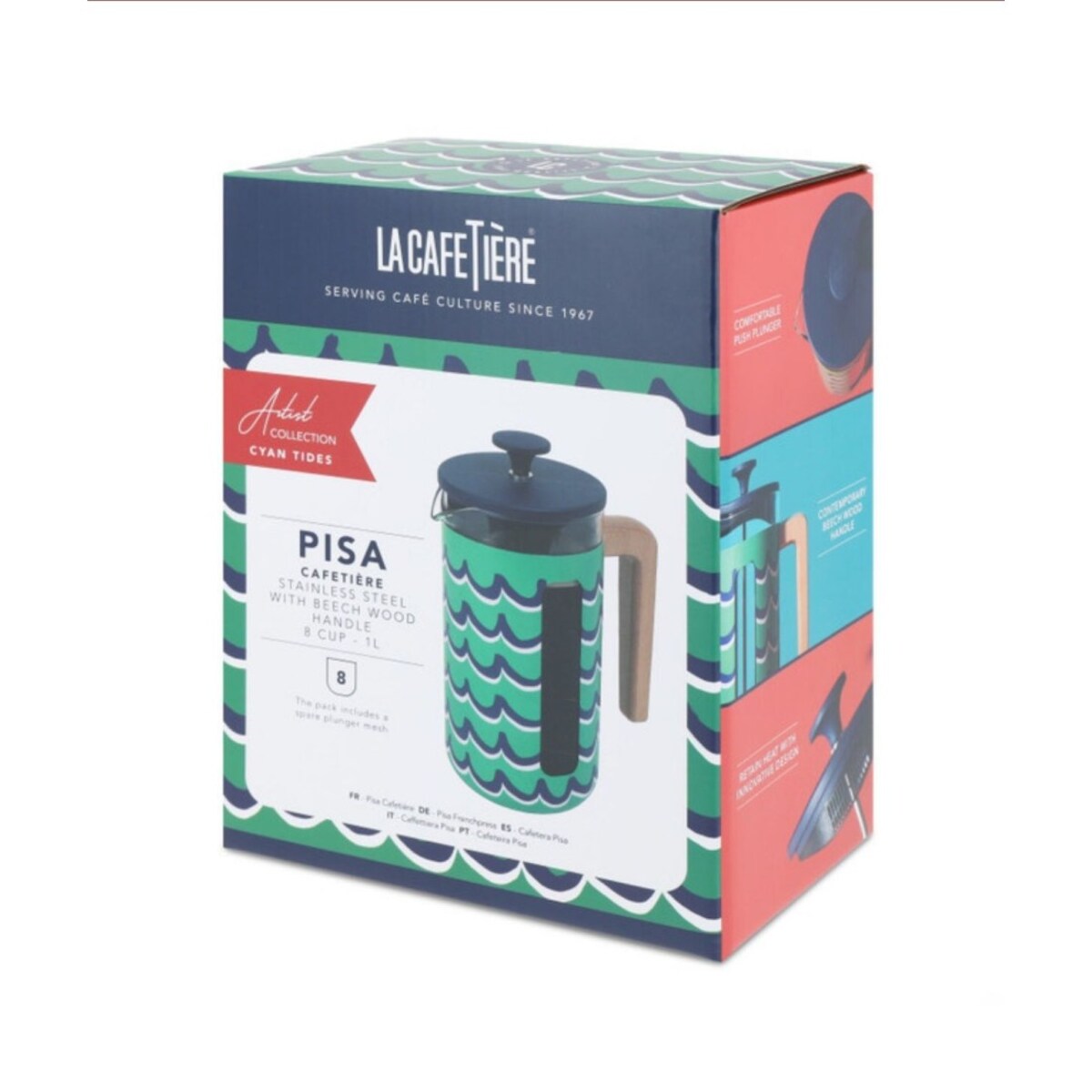 Zaparzacz do Kawy Typu French Press Pisa na 8 filiżanek, Cyan Tides