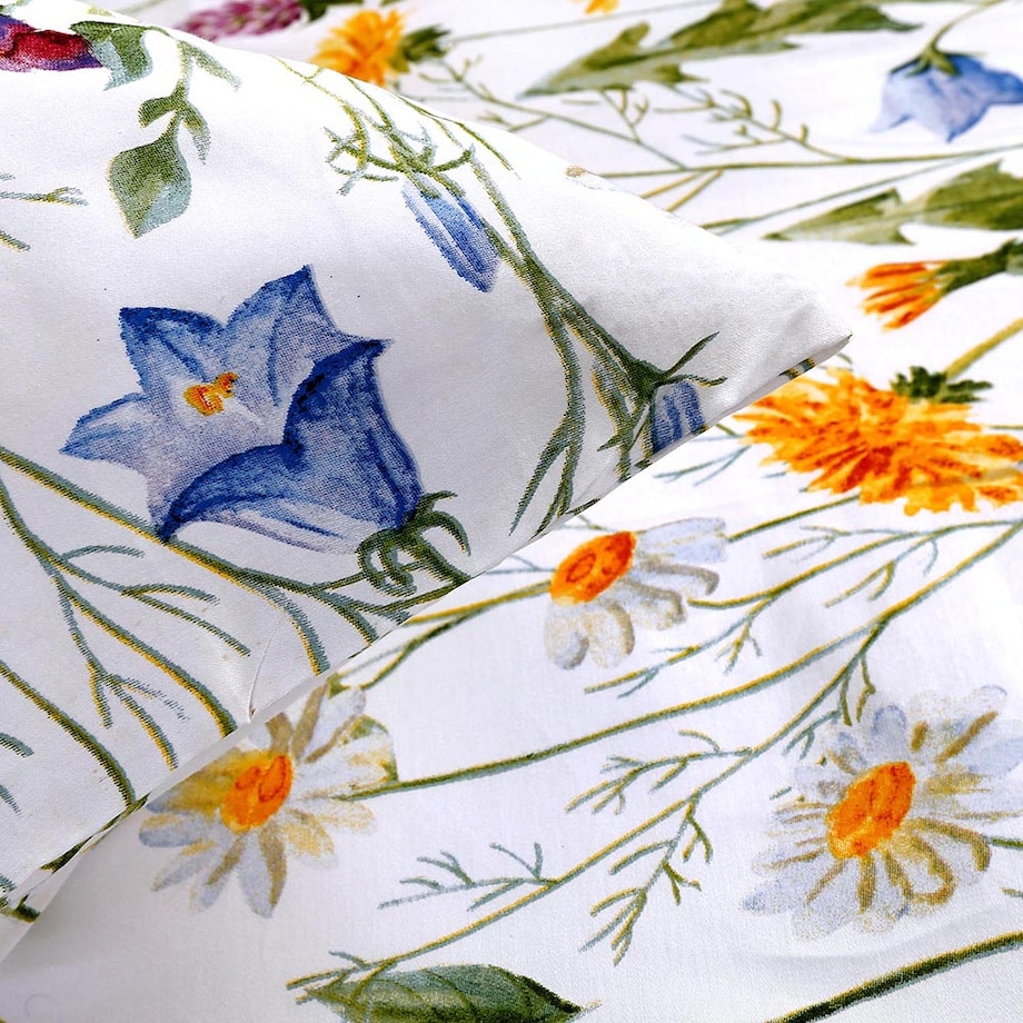 Pościel satyna bawełniana 180x200 Floria biała w kolorowe polne kwiaty, Satynlove