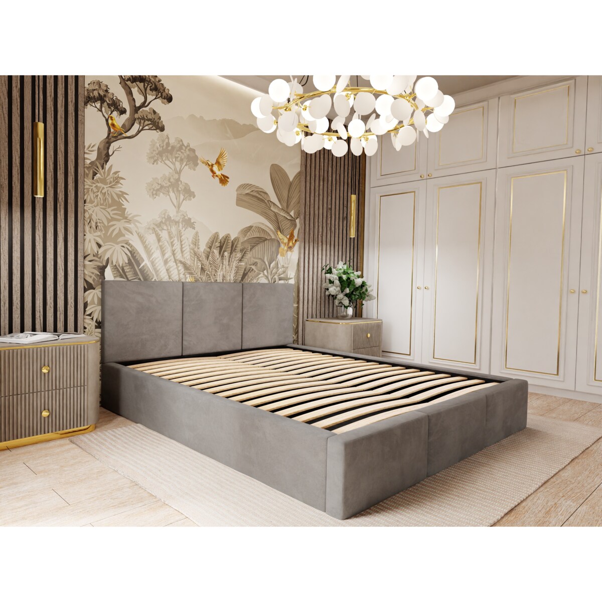 ŁÓŻKO TAPICEROWANE 160x200 ŁÓŻKO PODWÓJNE Z POJEMNIKIEM SZARE