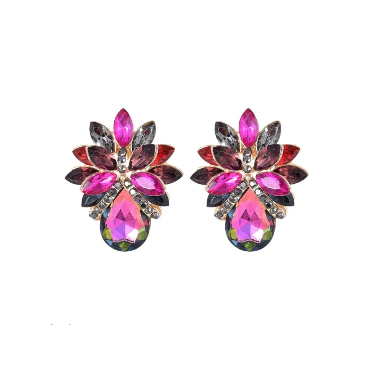 Kolorowe kolczyki ZŁOTE różowe fuksja czarne ciemne przy uchu łezka listki
