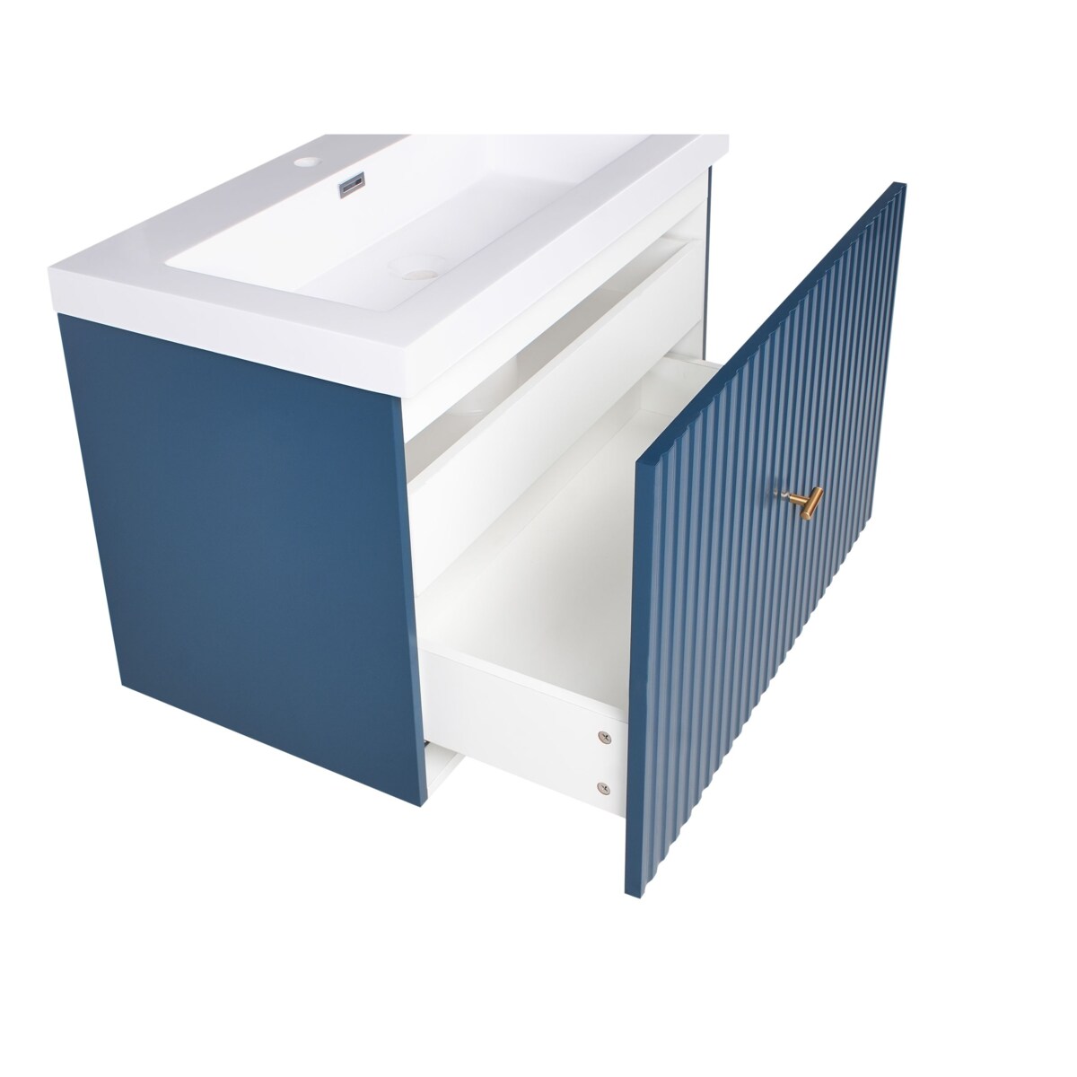 Szafka łazienkowa wisząca z umywalką LAGO ze złotym uchwytem 80 cm Ciemnoniebieski