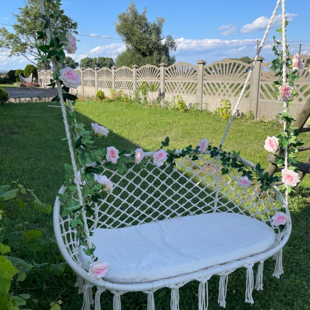 Fotel wiszący dwuosobowy Boho beżowy huśtawka