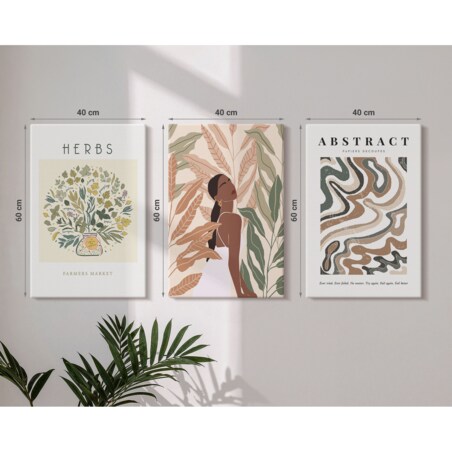 Zestaw 3 dużych obrazów na płótnie - Boho pastelowe plakaty minimalistyczne boho - beżowy