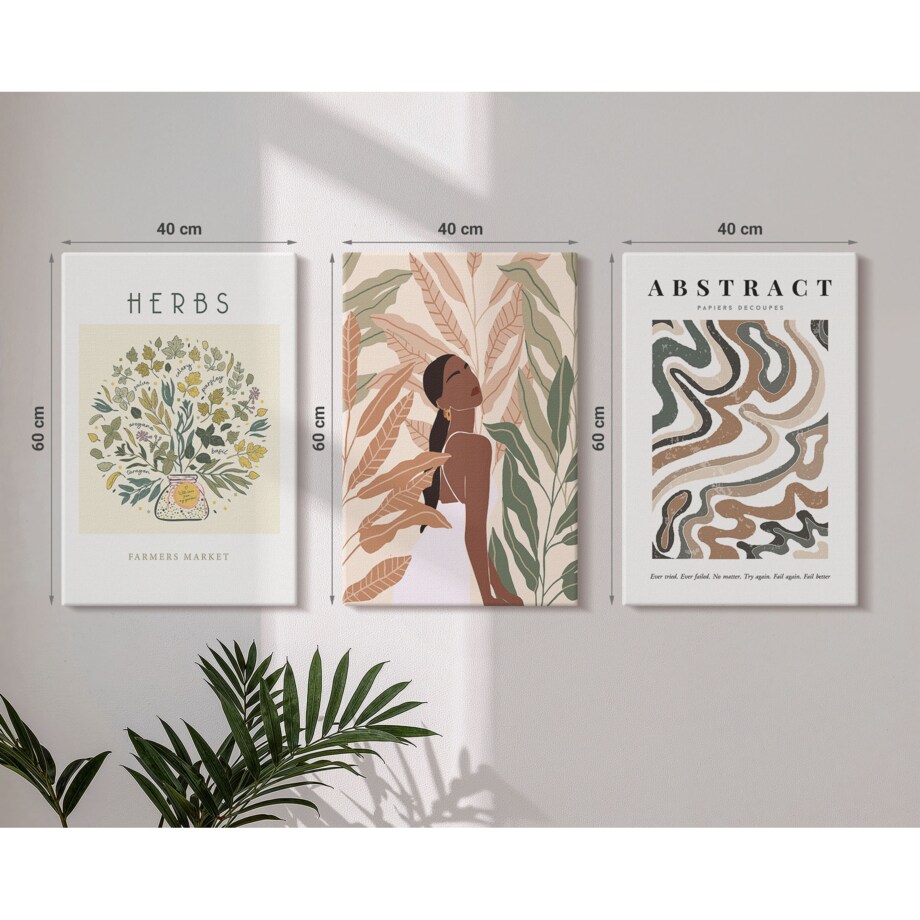 Zestaw 3 dużych obrazów na płótnie - Boho pastelowe plakaty minimalistyczne boho - beżowy