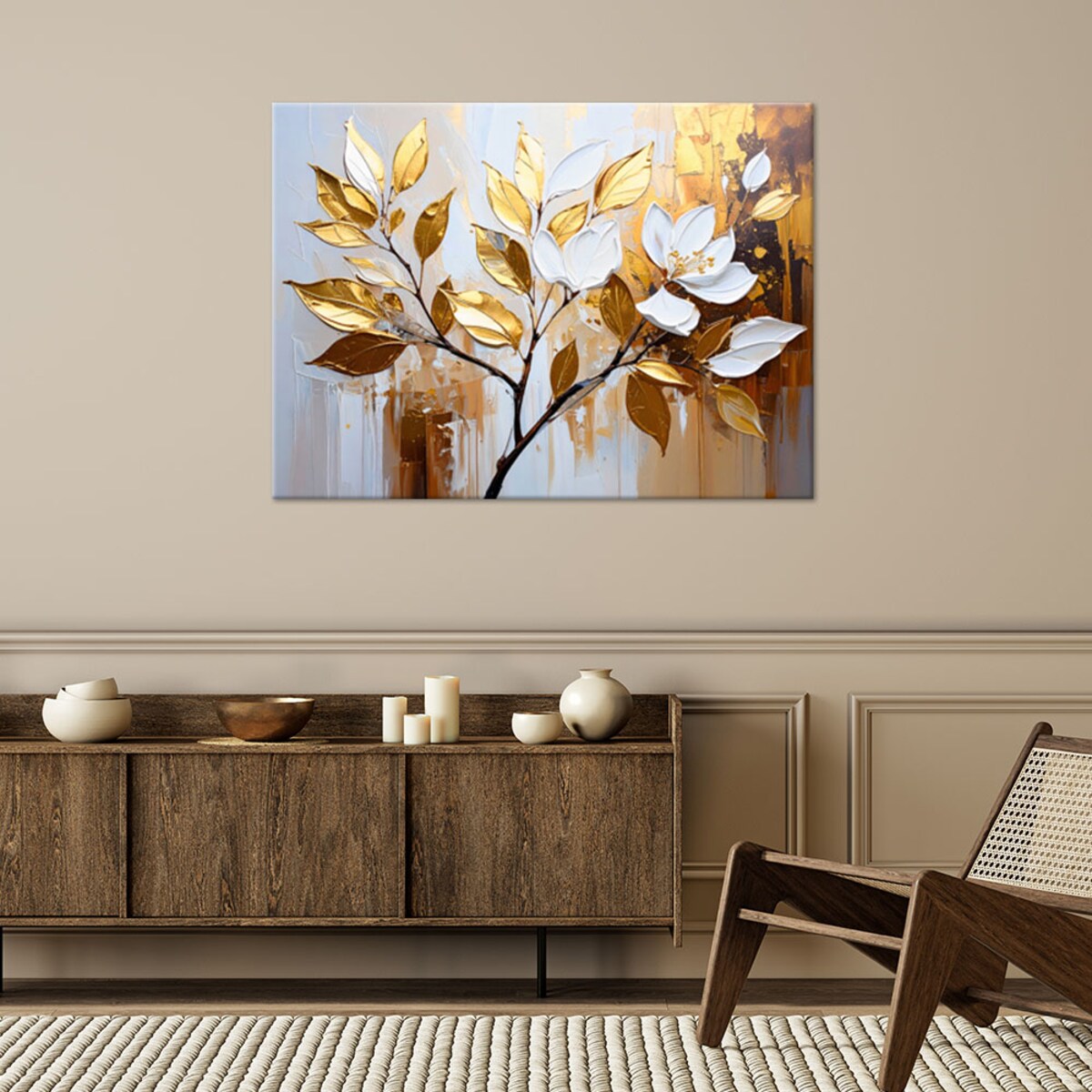 Feeby Obraz nowoczesny do salonu sypialni, Złote Liście Gałązki Glamour 90x60