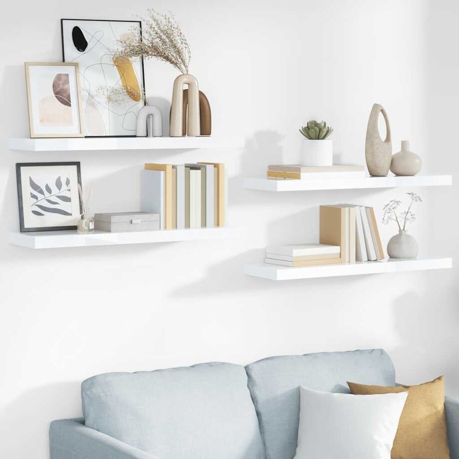 vidaXL Półki ścienne, 4 szt, wysoki połysk, białe, 80x23,5x3,8 cm, MDF