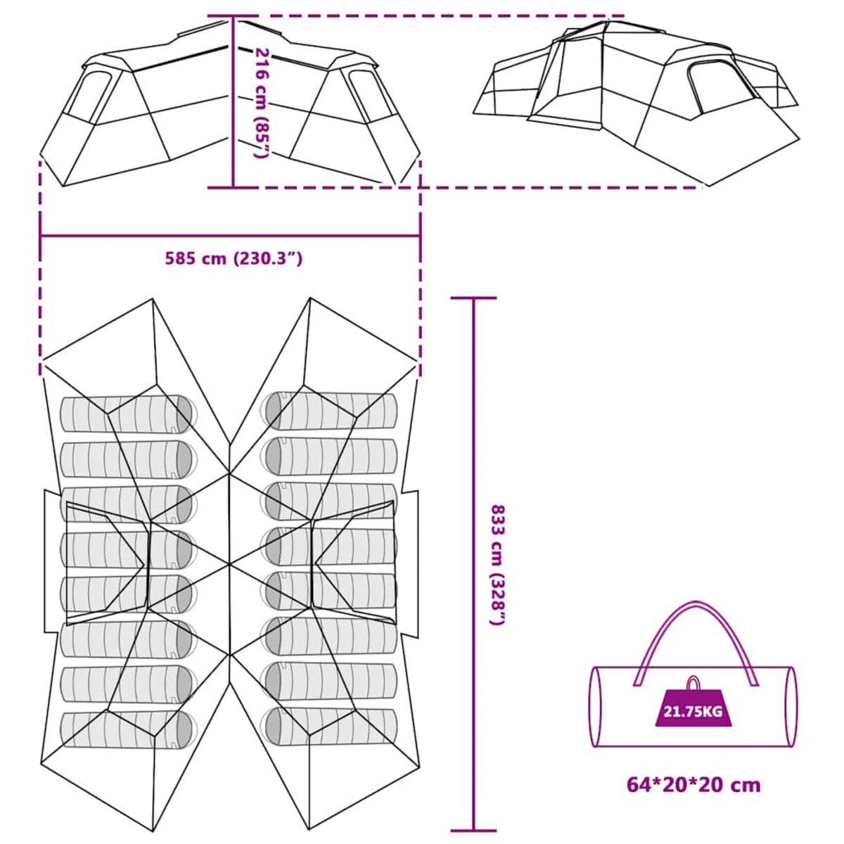 vidaXL Namiot rodzinny Zielony 833 x 585 x 216 cm Poliester
