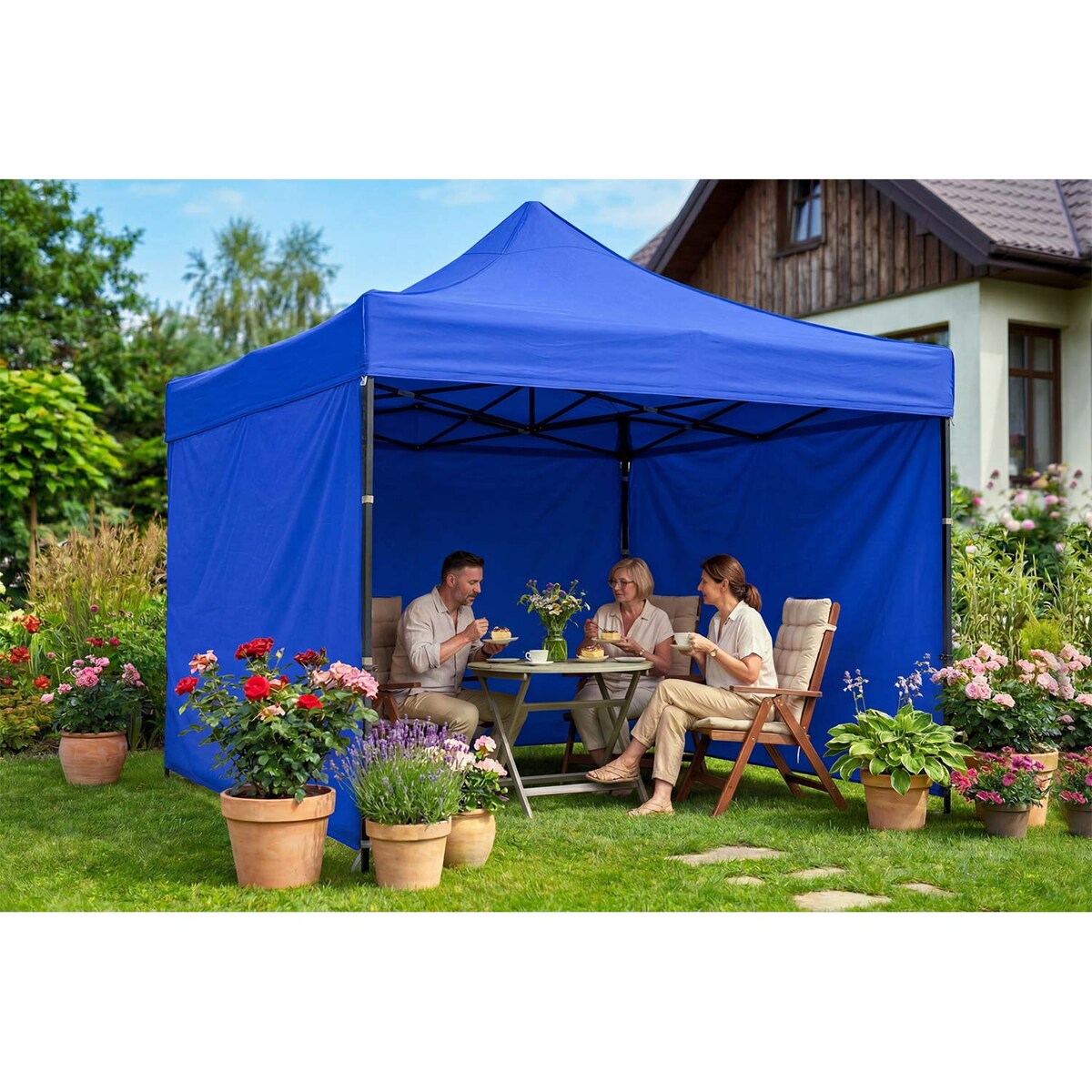 Pawilon ogrodowy Plonos PL-300 altana namiot handlowy imprezowy 3x3x3 m 3 ściany niebieski