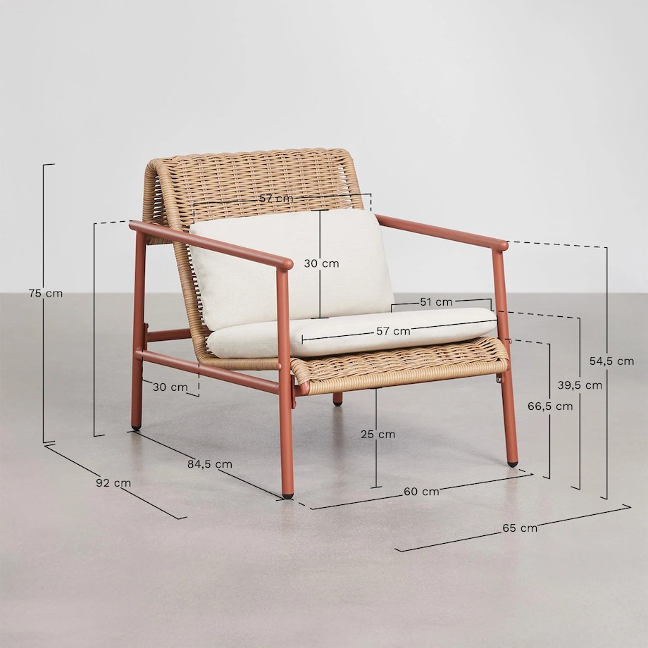 Zestaw ogrodowy: sofa, 2 fotele, stolik kawowy z aluminium i syntetycznego rattanu Duroli, terracotta