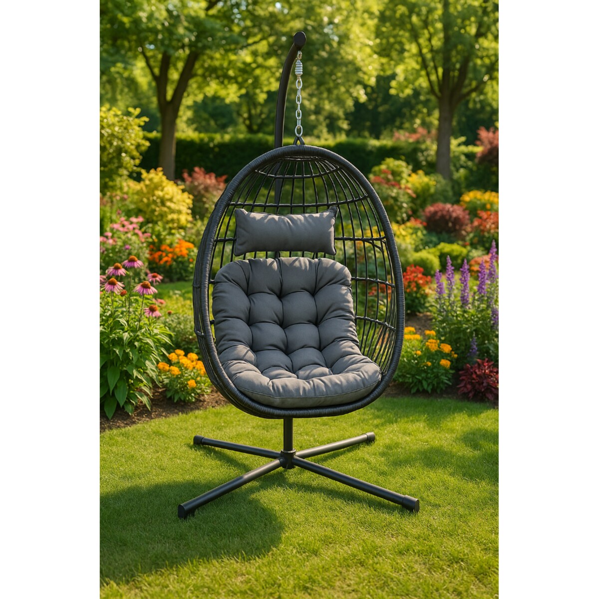 Fotel Podwieszany Na Stalowym Stelażu Składany Ogrodowy Kokon Kosz Wiszący