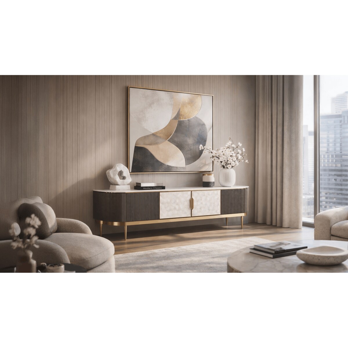 Grafitowa szafka RTV glamour z muszlami i spiekiem Champion 200x42x52