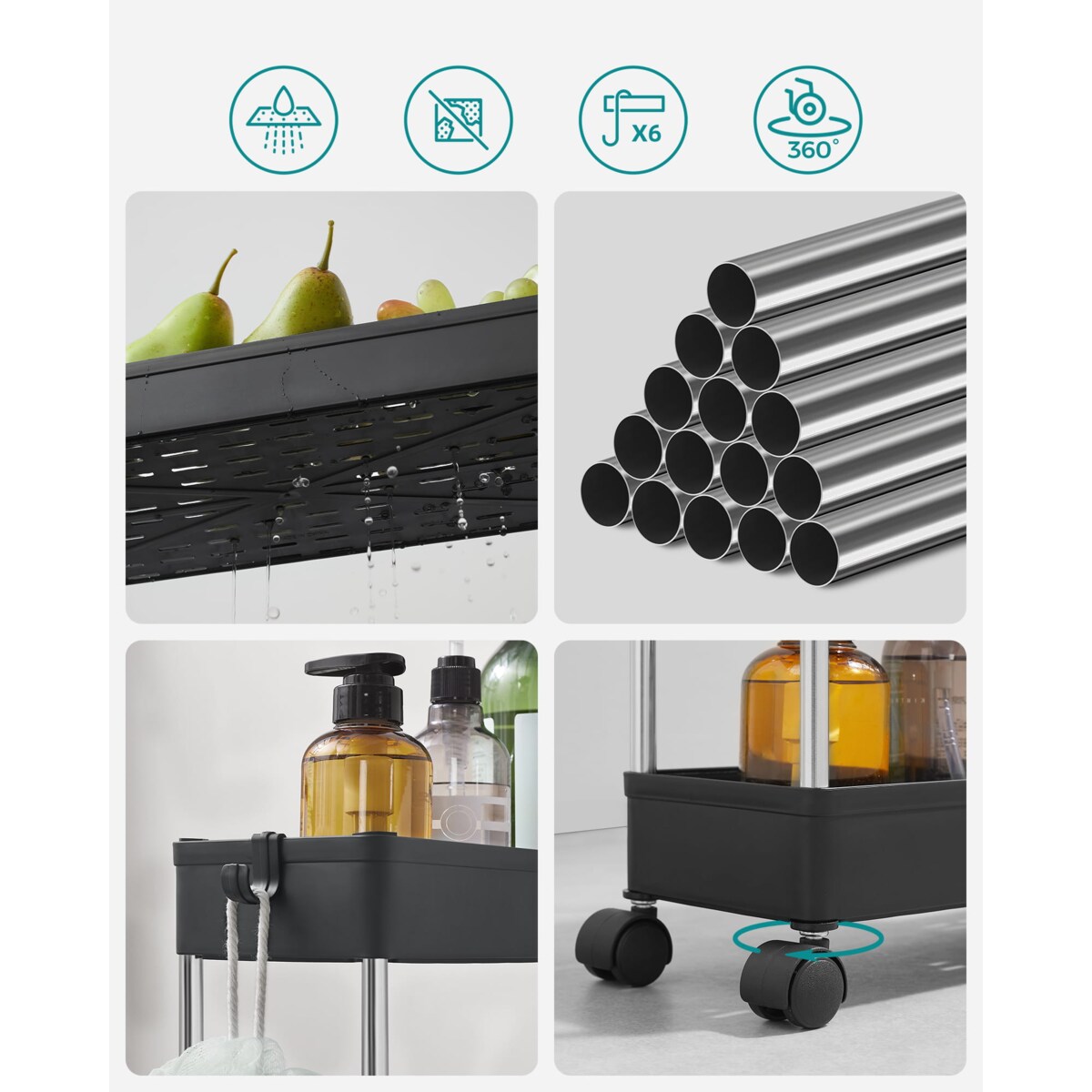 Szafka Na Kółkach 4 Półki Czarna 40X13,5X88 Cm Czarny, Srebrny