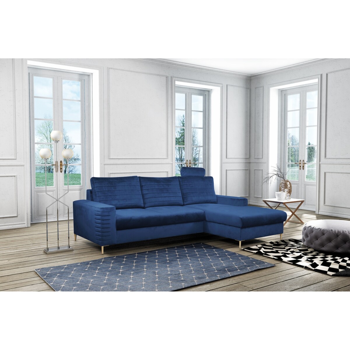 Narożnik rozkładany z zagłówkiem i pojemnikiem OLI, prawostronny, granatowy