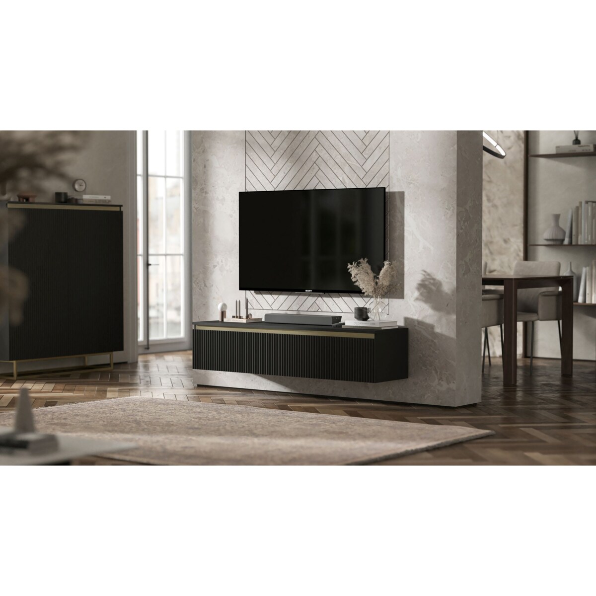 Nowoczesna Wisząca Szafka RTV Glamour Komoda RTV Czarny Mat 140 cm