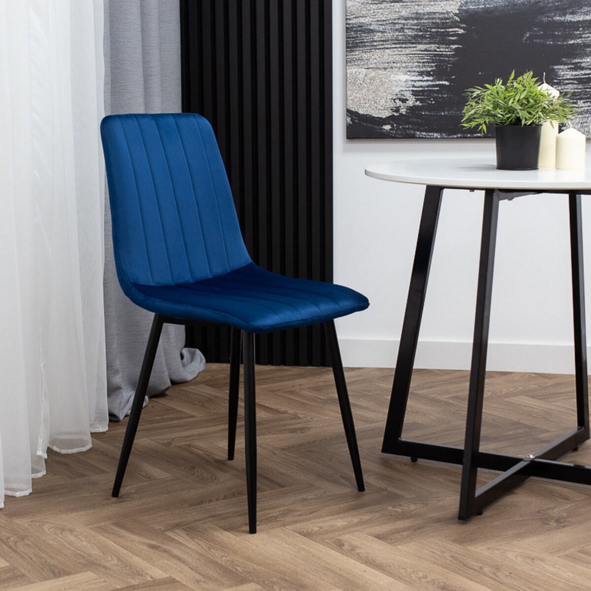 Krzesło do salonu jadalni tapicerowane welurowe z oparciem granatowe