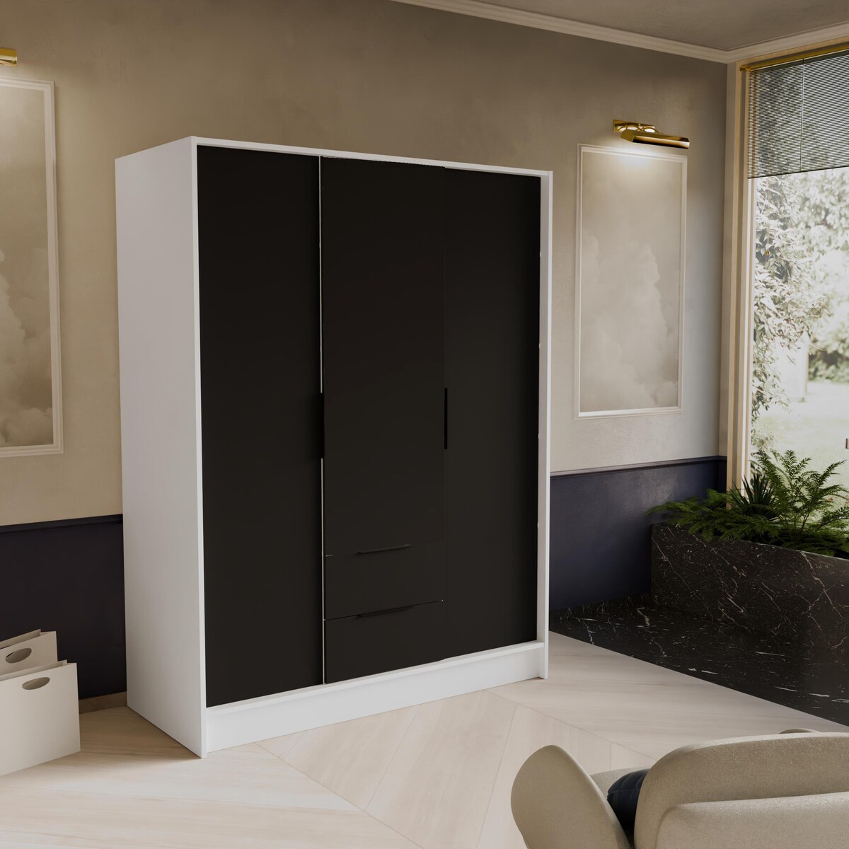 Szafa NIKOLA 150 z regulowanymi półkami do pokoju-biała+czarny front