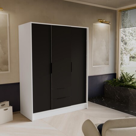 Szafa NIKOLA 150 z regulowanymi półkami do pokoju-biała+czarny front