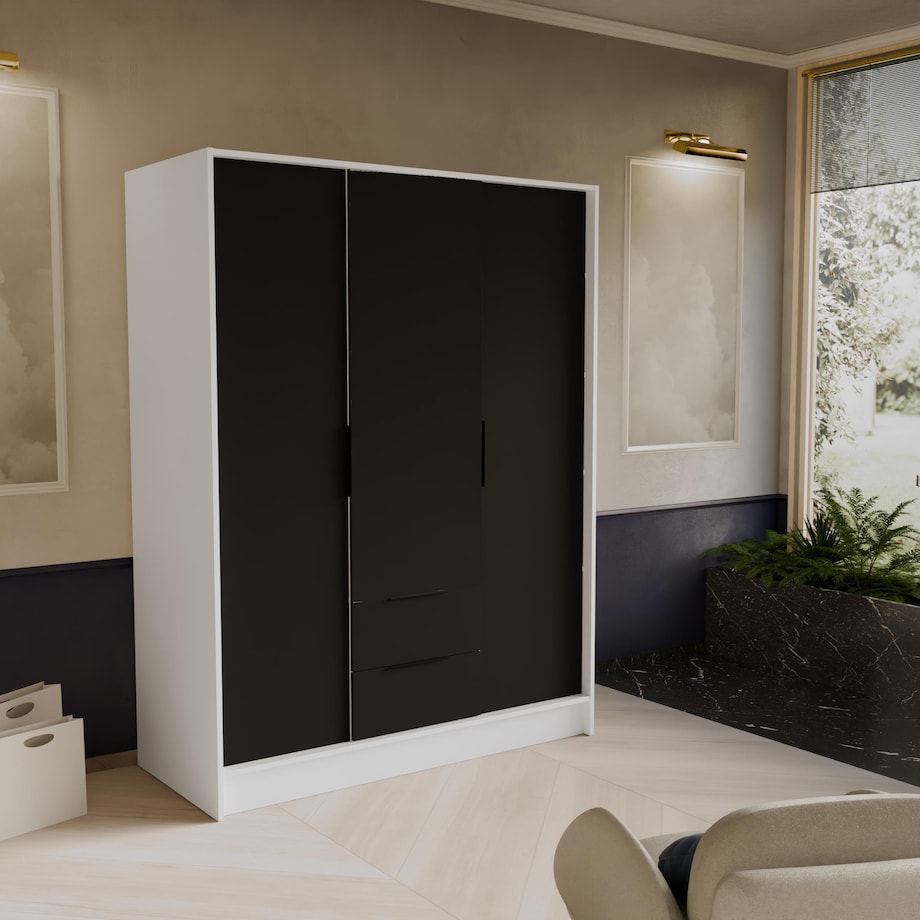 Szafa NIKOLA 150 z regulowanymi półkami do pokoju-biała+czarny front