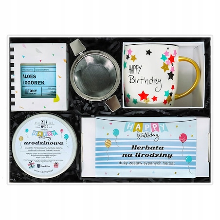 Najlepszy URODZINOWY GIFTBOX z herbatą smakową mix i ozdobnym kubkiem gift