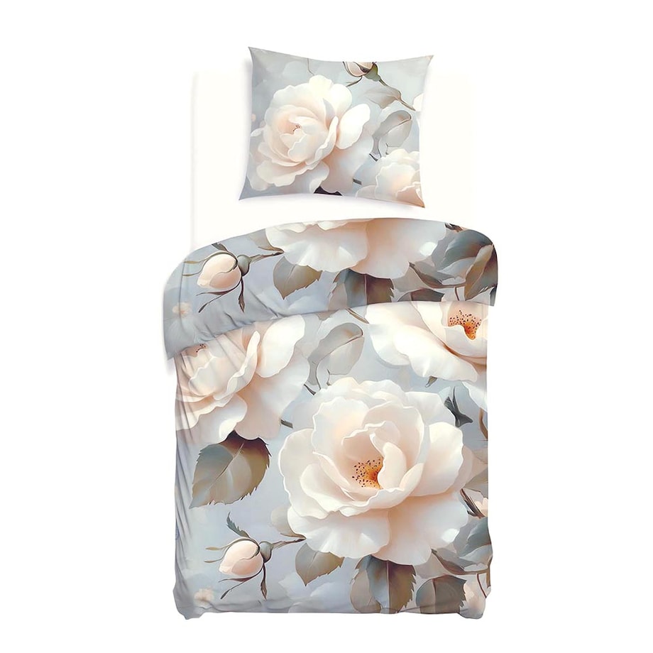 Pościel satyna bawełniana 140x200 Riviera szara w kremowe róże, Satynlove Premium