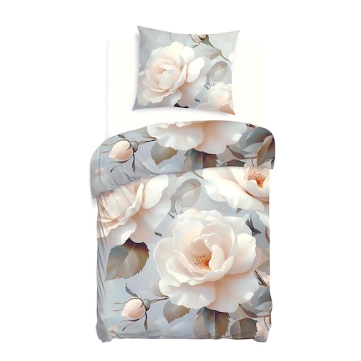 Pościel satyna bawełniana 140x200 Riviera szara w kremowe róże, Satynlove Premium