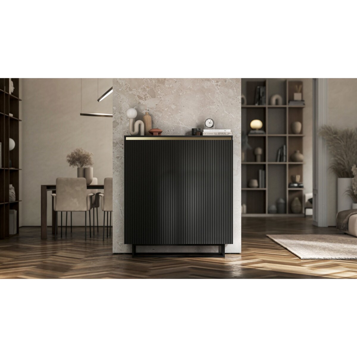 Komoda Glamour Szafka RTV Czarny MAT ryflowane fronty czarny stelaż 110,8 cm