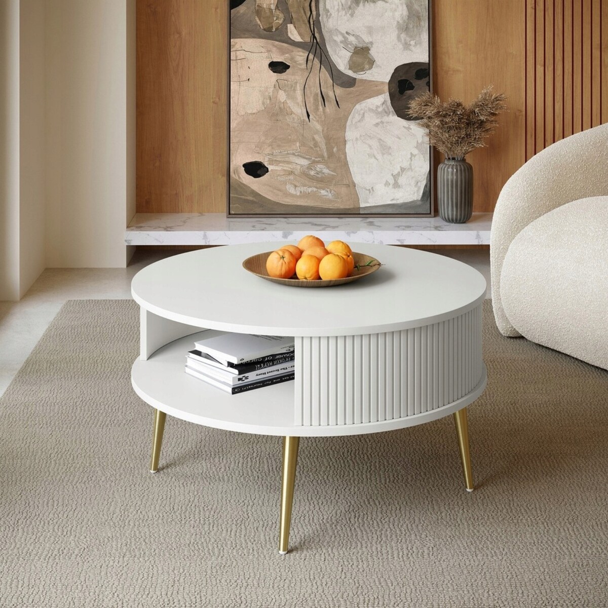 Stolik Kawowy Okrągły DO SALONU Biały Złote Nogi Lamele GLAMOUR 76cm