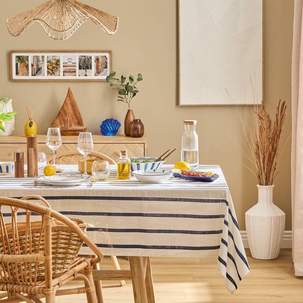 Obrus bawełniany, biały w granatowe pasy, 140x240 cm, Oceania