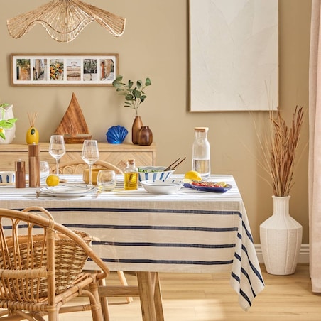 Obrus bawełniany, biały w granatowe pasy, 140x240 cm, Oceania