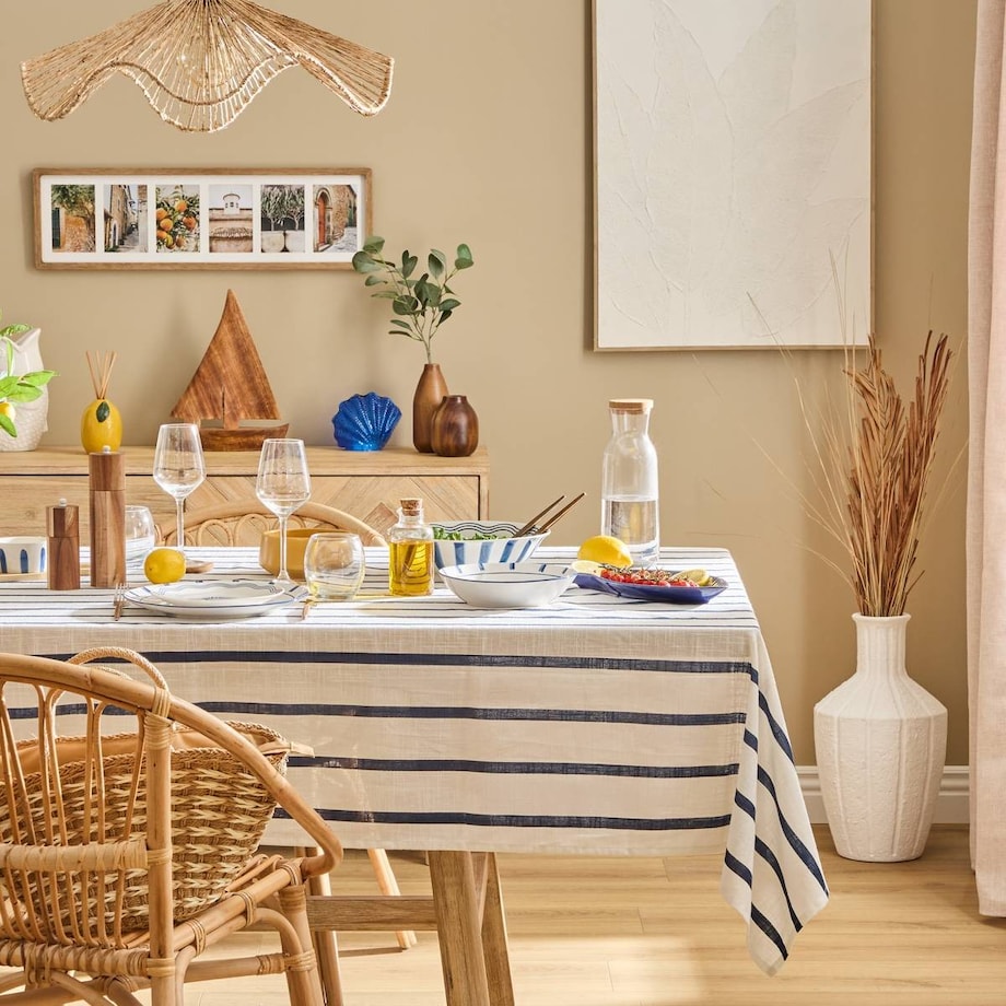 Obrus bawełniany, biały w granatowe pasy, 140x240 cm, Oceania