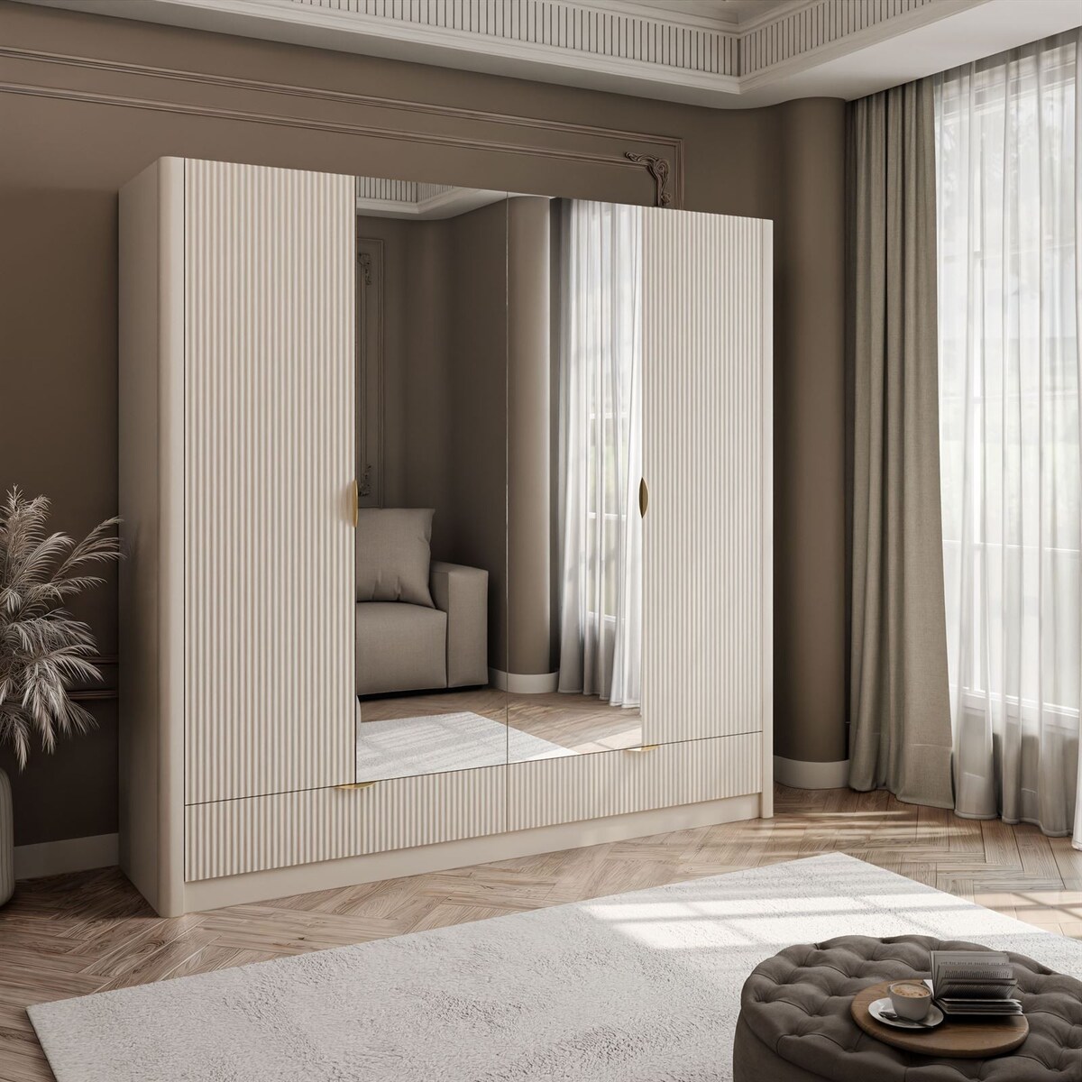 Szafa SCARLETT z lustrem i szufladami beżowa złote uchwyty