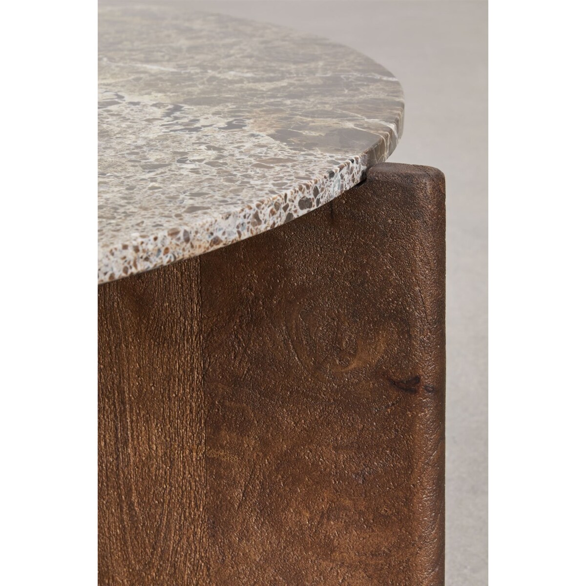 Stolik kawowy z drewna mango i brązowego marmuru Lavinia Ø90 cm