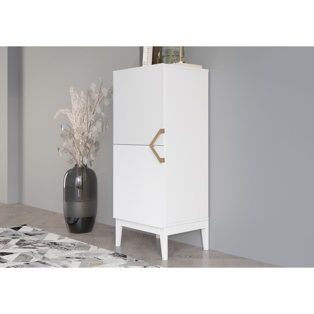 Drewniana komoda Visby DEMI HIGH 2D / kolor biały + białe nogi / szer. 50,5 cm