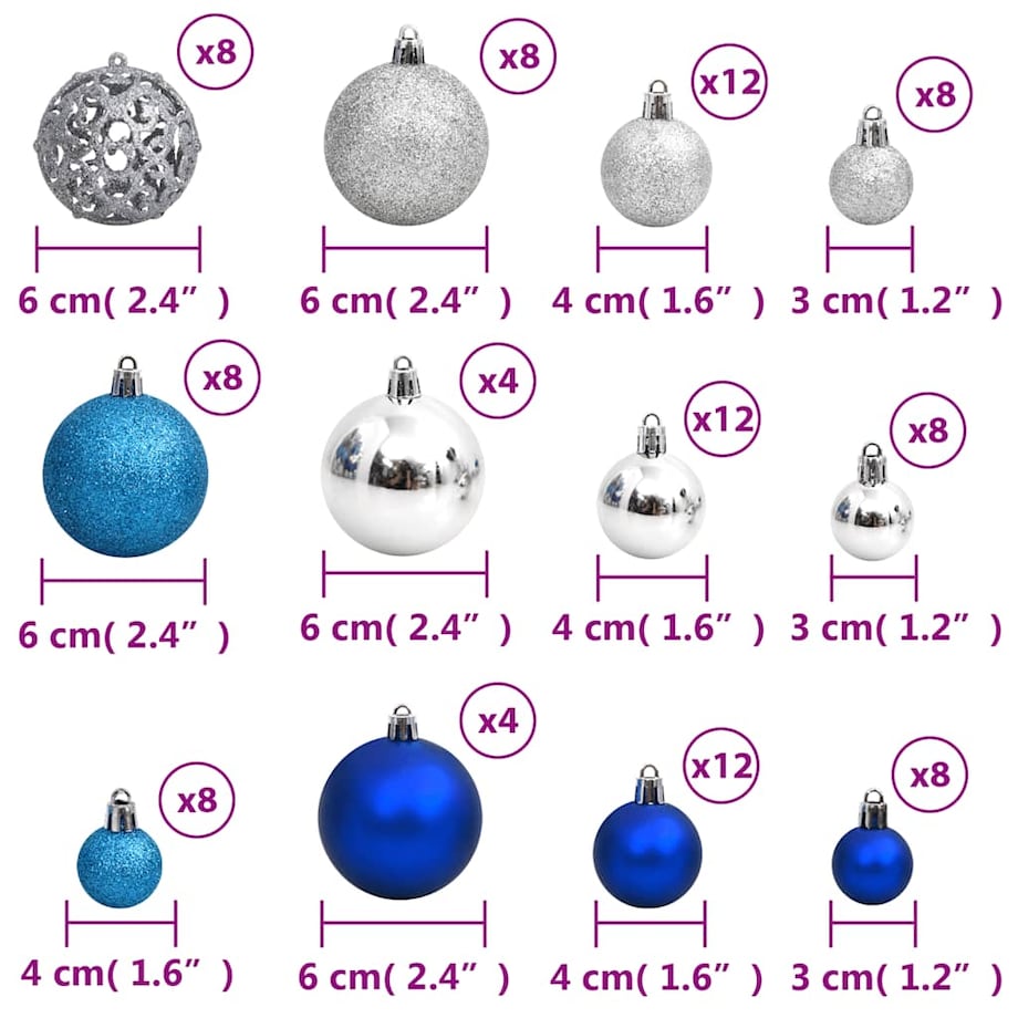 vidaXL Bombki świąteczne, 100 szt., niebieskie i srebrne, 3/4/6 cm