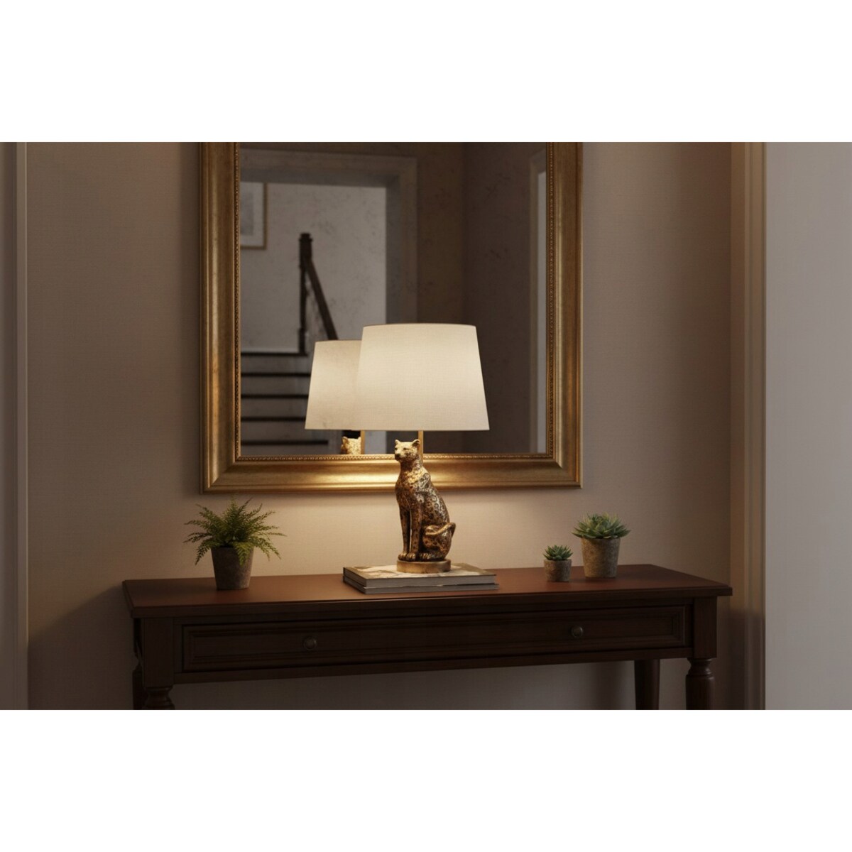 LAMPA LAMPKA NOCNA GLAMOUR STOŁOWA BIURKOWA ZŁOTA LAMPART LEW 40cm E27