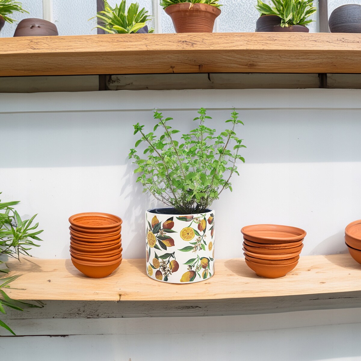 DONICZKA BIAŁA Z CYTRYNAMI CERAMICZNA BIAŁA 14cm do salonu domu doniczka