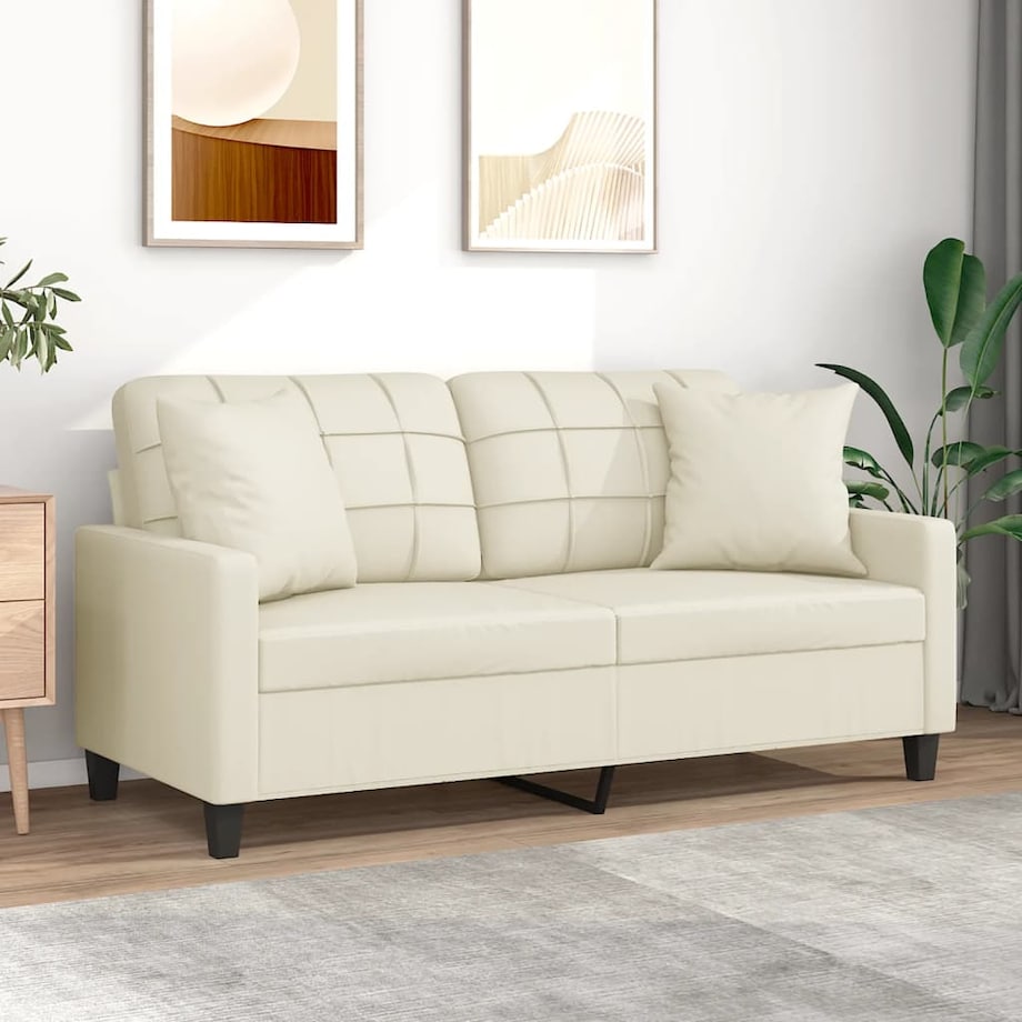 vidaXL 2-osobowa sofa z poduszkami, kremowa, 140 cm, sztuczna skóra