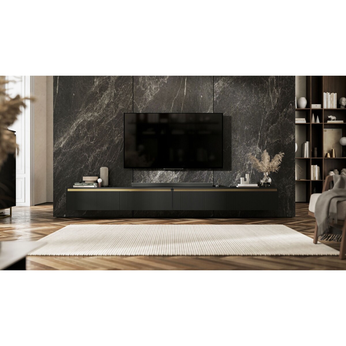 Nowoczesna Szafka RTV Glamour Komoda RTV Czarny Mat 280 cm ryflowane fronty